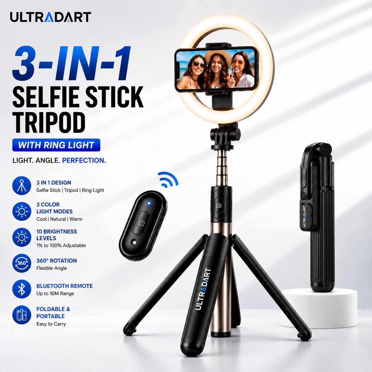 ULTRADART 3 in 1 Selfie Stick Tripod Ring Light with Bluetooth Remote Ring Flash-image-31