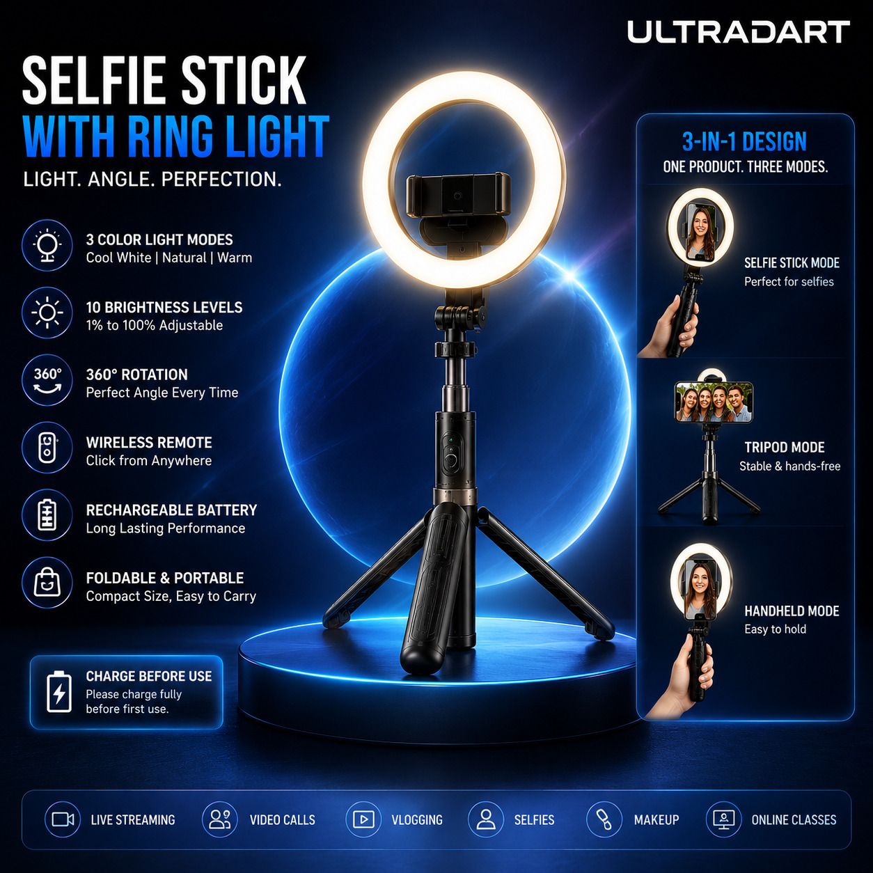 ULTRADART Ring Light with Tripod & Selfie Stick, 3 in 1 Mobile Stand with Bluetooth Remote Ring Flash-image-29