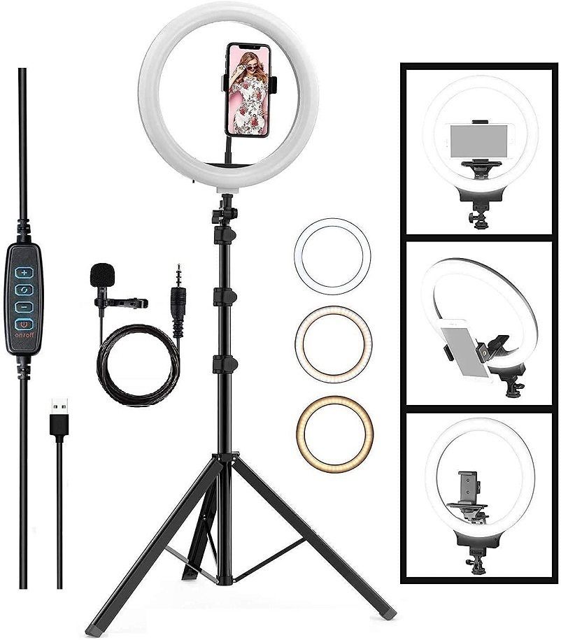 PKST 10" Selfie LED Light, Phn Holder, 7Ft Long Stand,360'5m long collar mic-kit Ring Flash