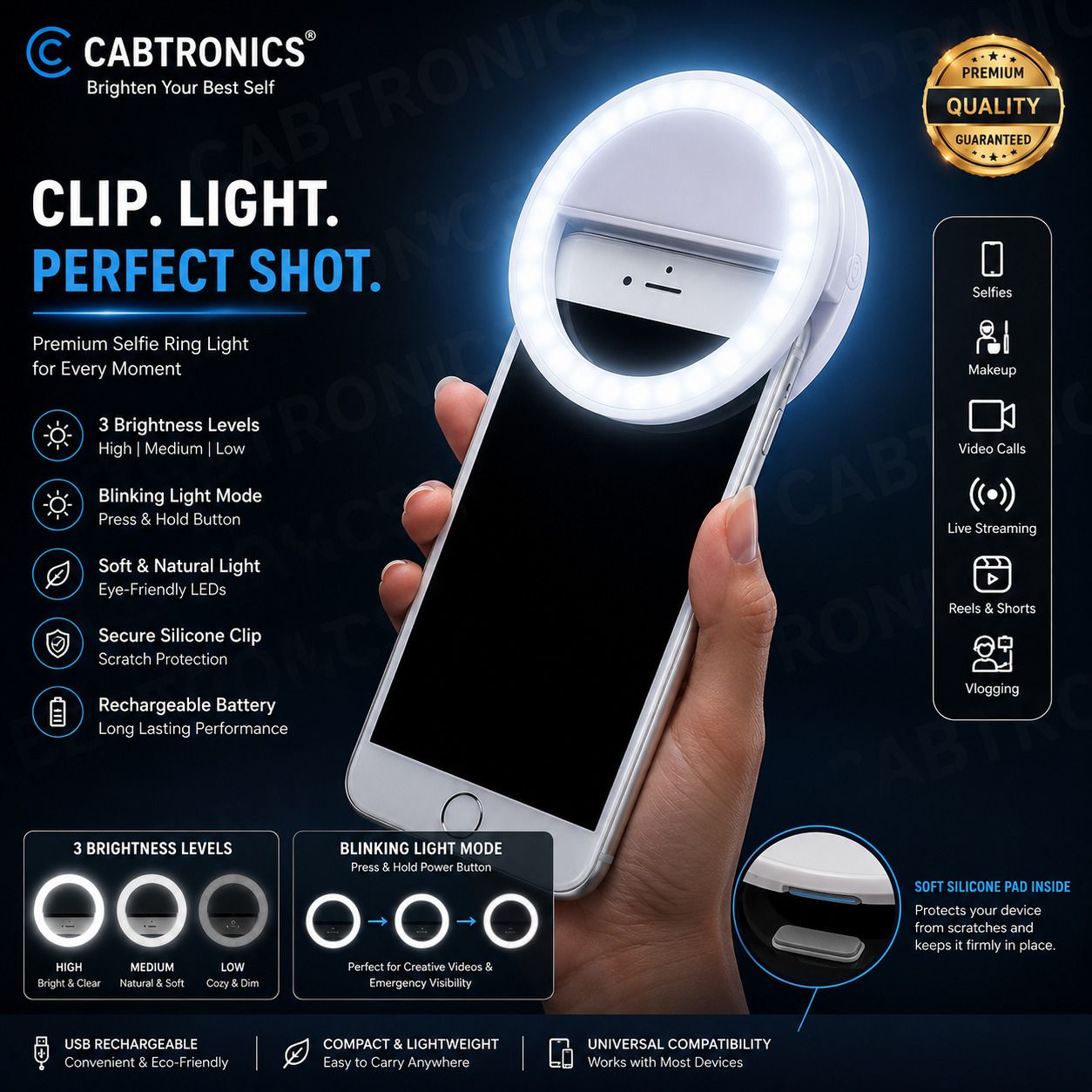 CABTRONICS Selfie Ring Light Clip, Rechargeable LED Fill Light for Mobile Ring Flash-picture-10