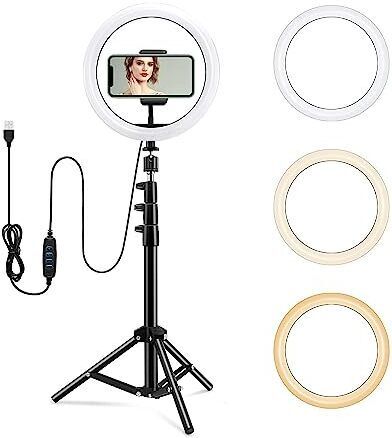 Deeshora 2.1m tripod with 10 inch Ring Light,3 Colors Light Mode,Level,Live Stream Ring Flash