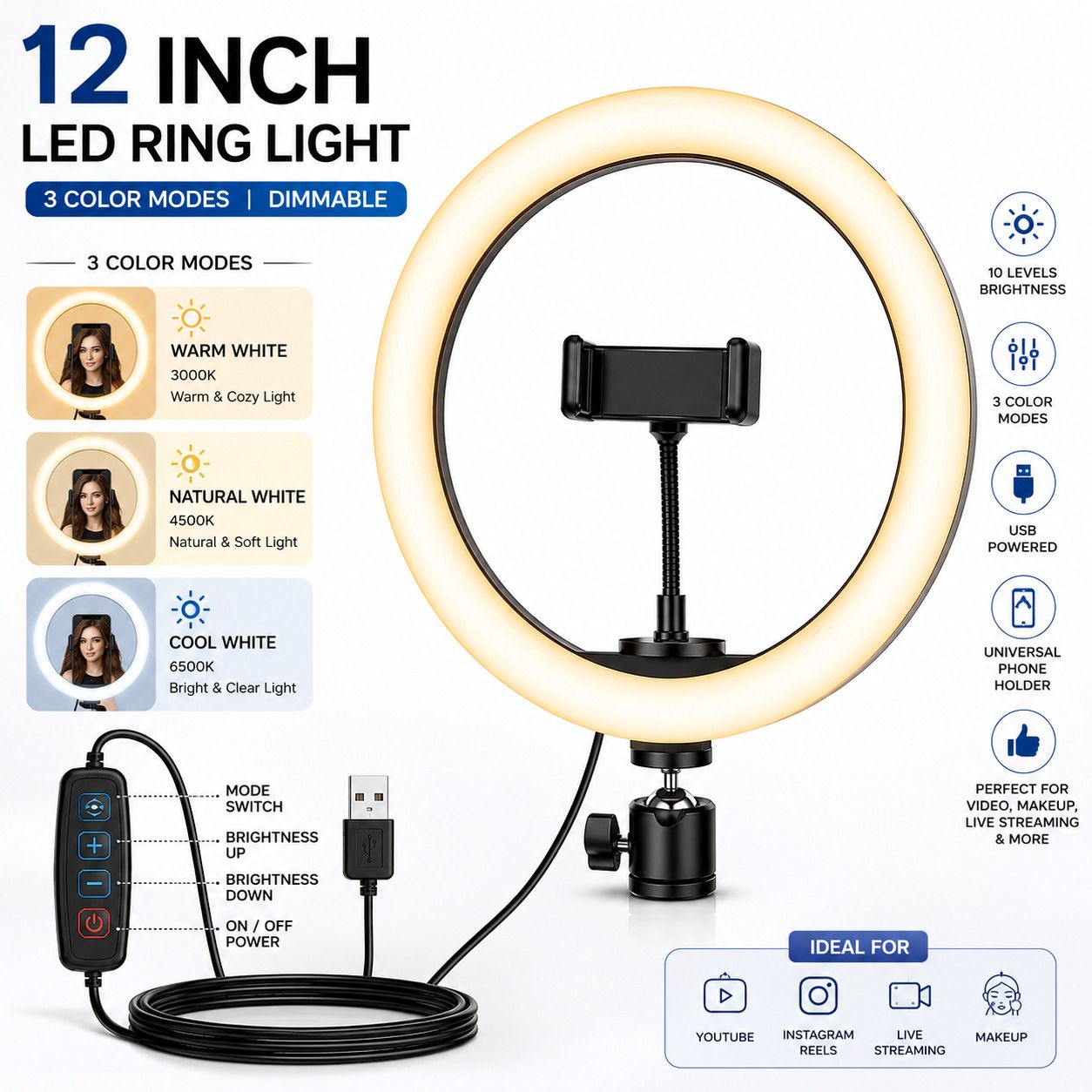 Todayshine 12 Inch LED Ring Light with Mobile Holder USB Powered 3 Color Modes Selfie Light Ring Flash-image-23