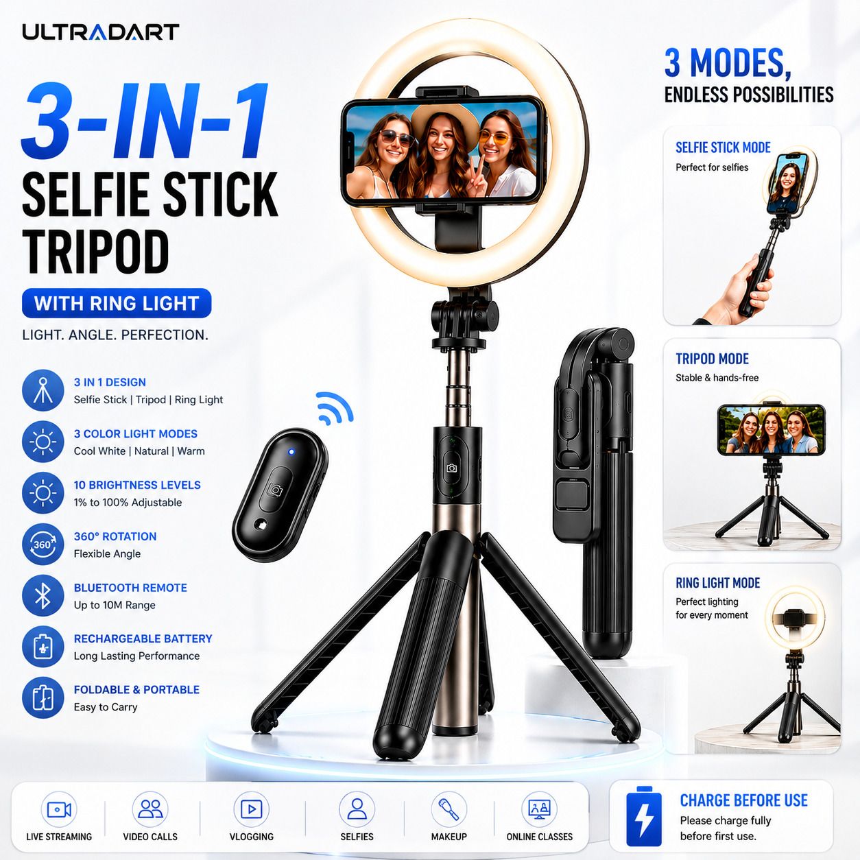 ULTRADART Ring Light with Tripod Stand & Selfie Stick for Mobile Vlogging Ring Flash-image-37