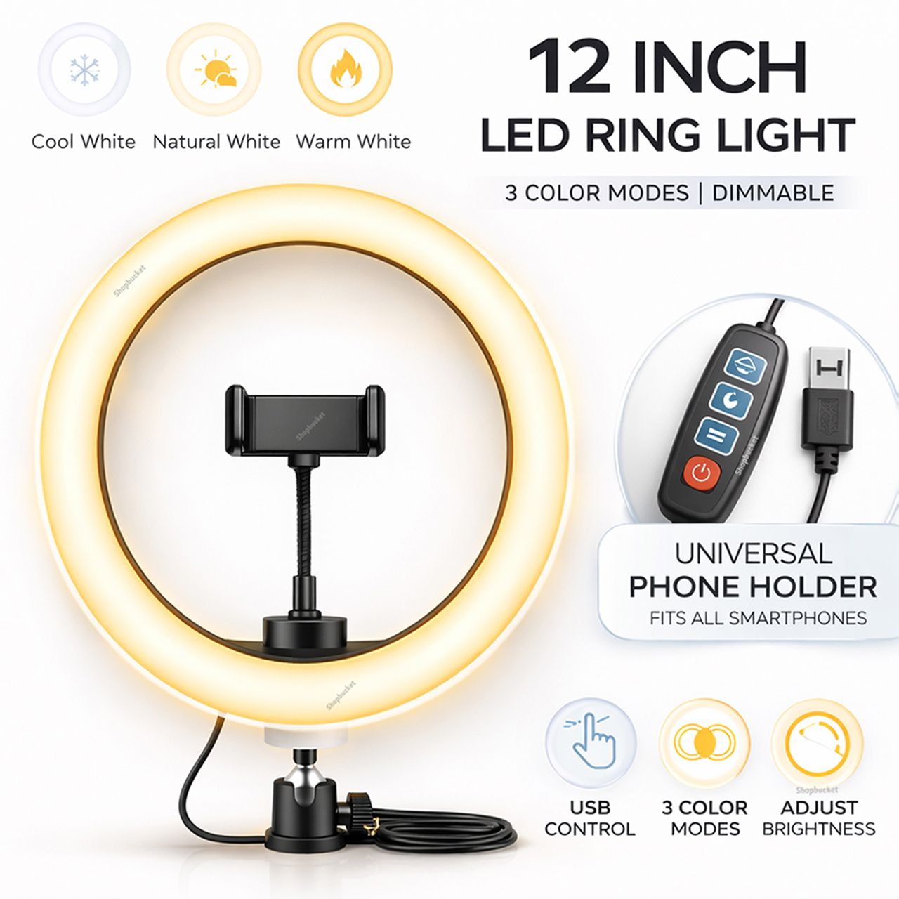 Tekzy 12 Inch LED Ring Light & 3 Mode for Mobile Video Makeup, YouTube, Selfie Light 5 Ring Flash-image-22