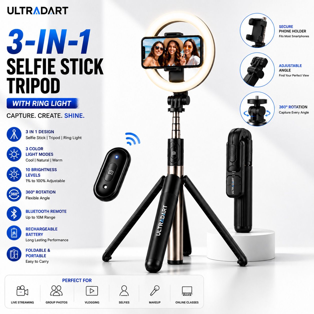 ULTRADART Selfie Stick Tripod Stand with Ring Light for Reels & Photography Cable Selfie Stick-image-49