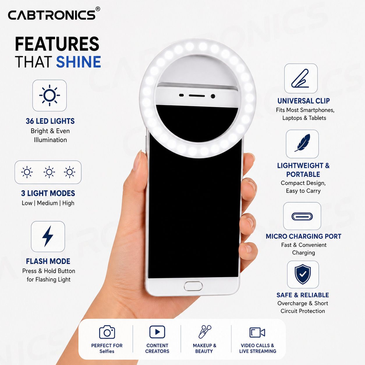 CABTRONICS Phone Selfie Ring Light, Rechargeable LED Fill Light Clip Ring Flash-picture-13