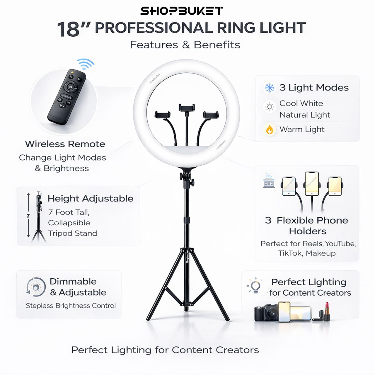 SB 18 Inch LED Ring Light Remote Control with 7 Ft Tripod Stand for Live Streaming Ring Flash-image-1