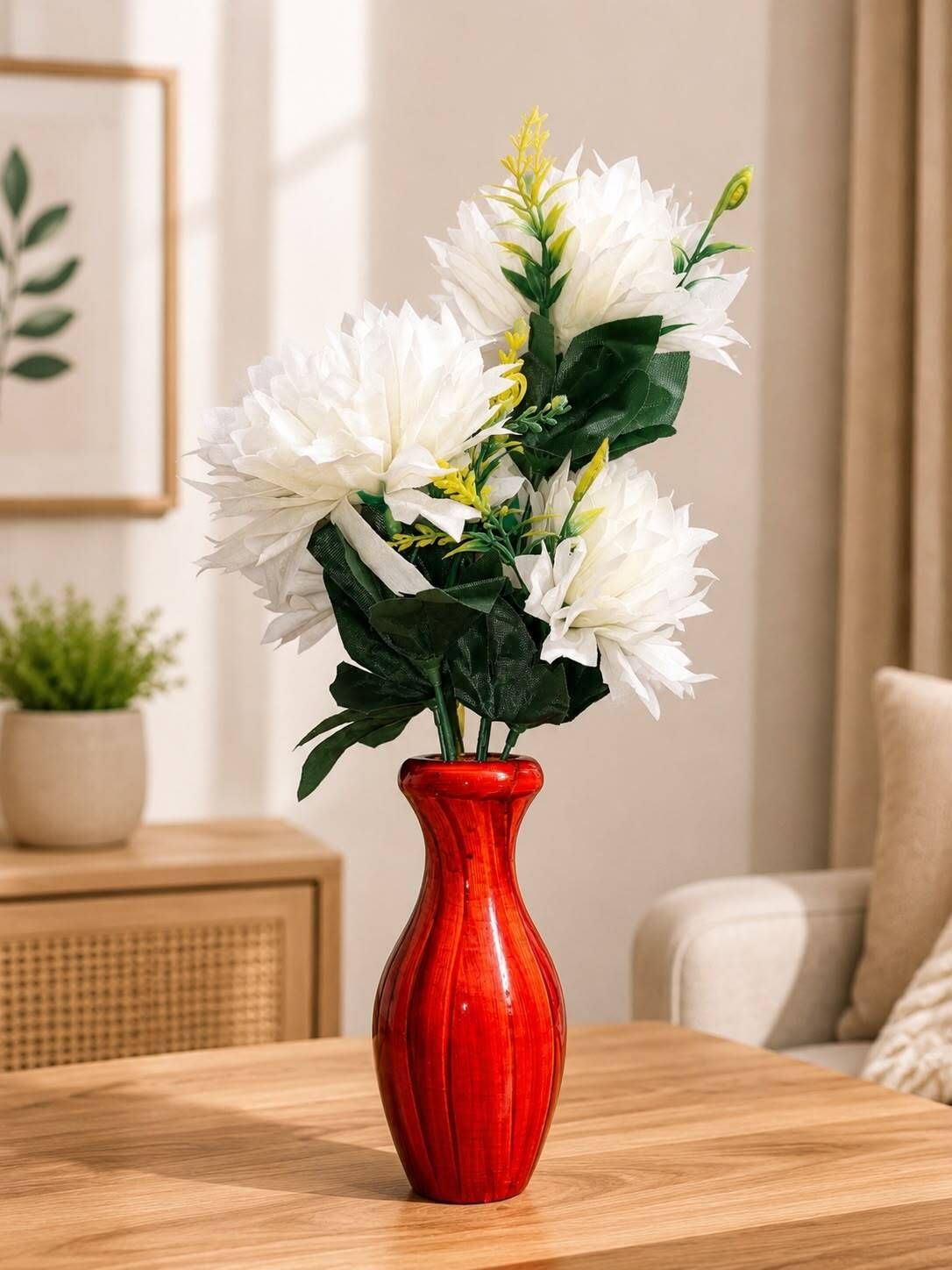 mygloovibes WHITE CHRYSANTHEMUM WOODEN VASE01 Plastic, Wooden Flower Basket-picture-43