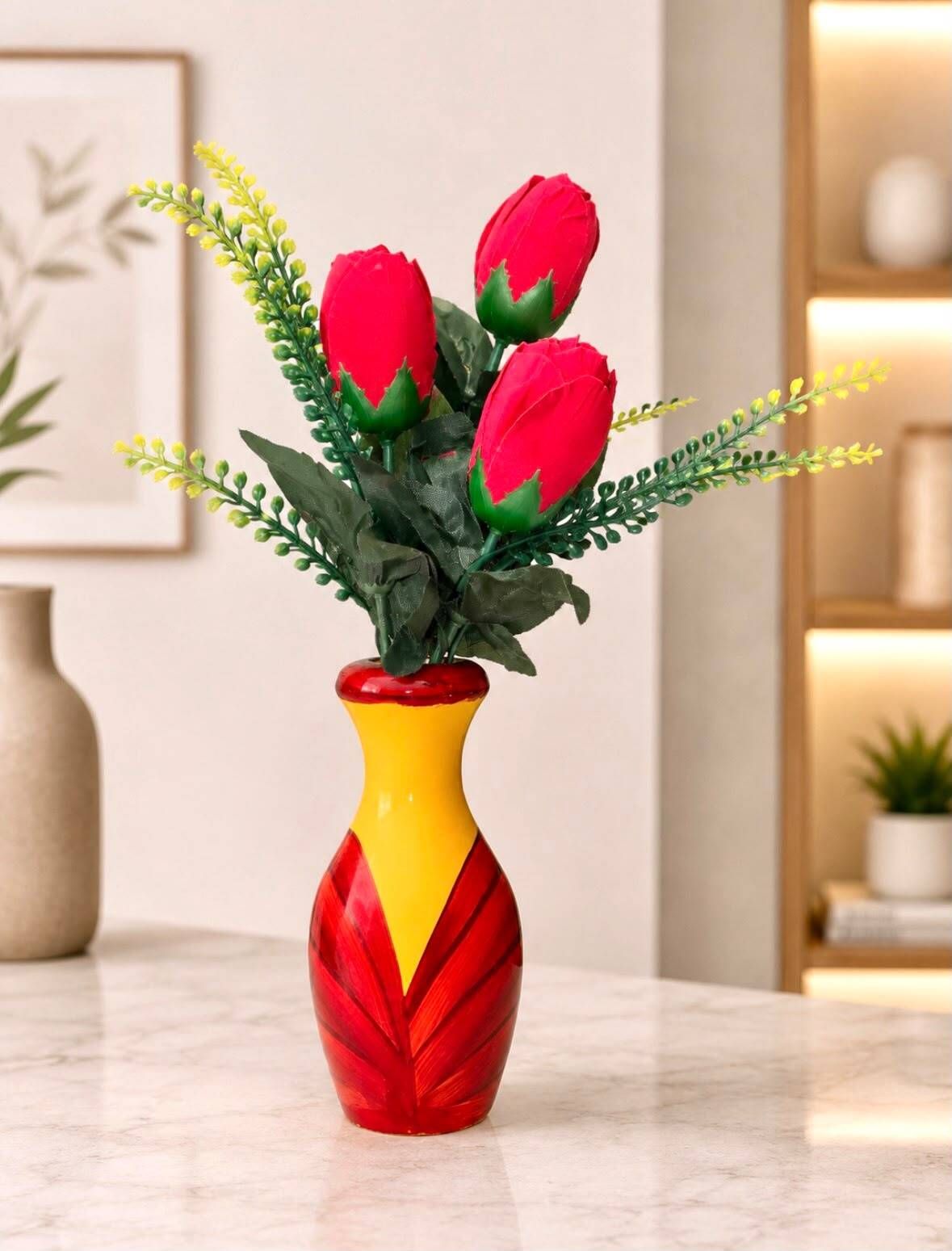 ROSE FLOWER YELLOW WOODEN VASE01 Plastic Flower Basket-image-48