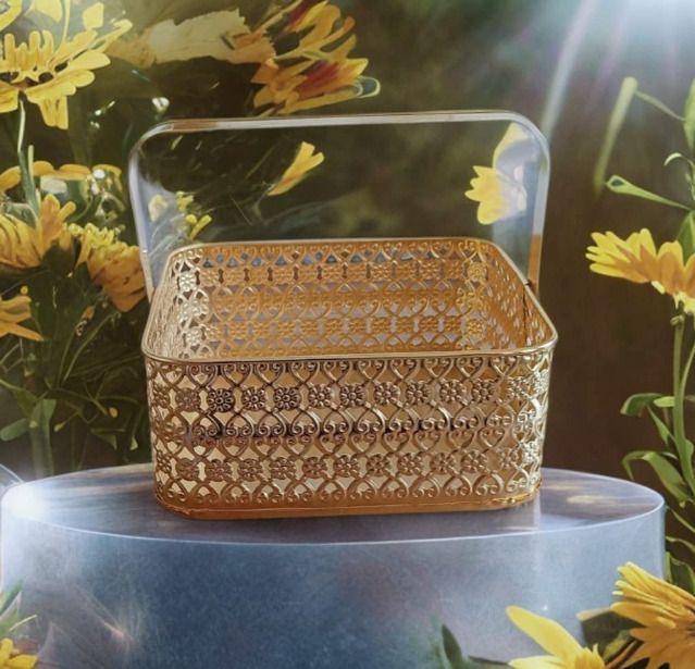 indian artisans MULTIPURPOSE BASKET/ GOLDEN METAL BASKET WITH HANDLE/ 25cm diameter Iron Flower Basket-picture-20