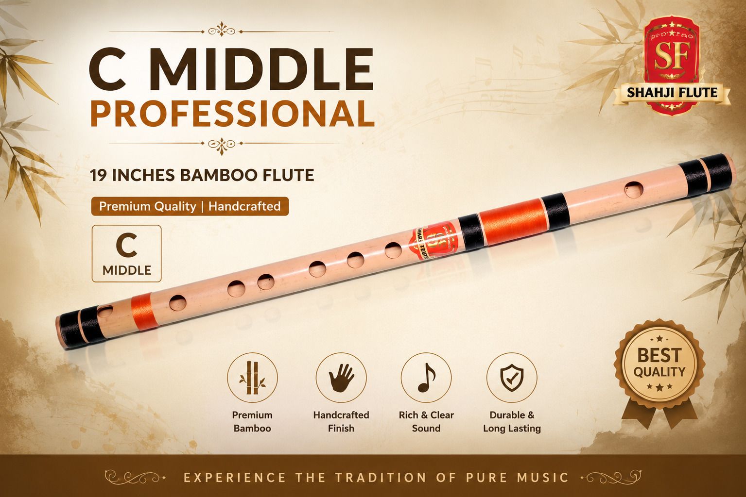 Flute Maker 19 Inch Professional Bamboo Bansuri in C Middle Octave Bamboo Flute-image-31