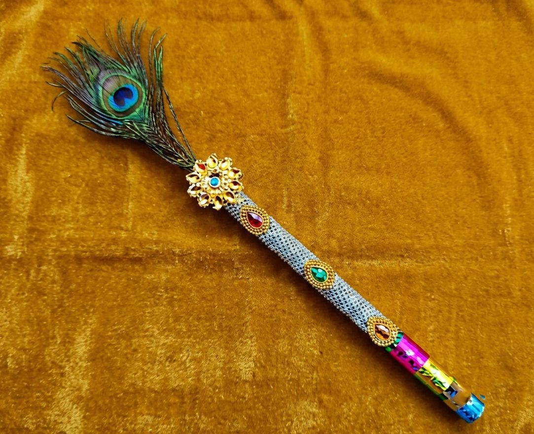 akvonhub Gopalji Handmade Decorative Bansuri with Peacock Feather for Janmashtami & Pooja Bamboo, Wooden Flute-picture-12