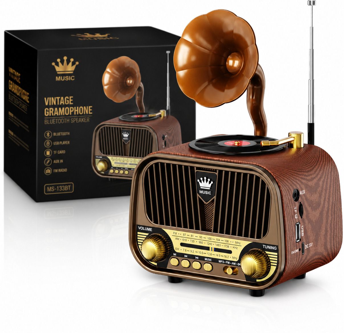 JAXTER Retro Bluetooth Speaker with FM Radio, USB, TF Card, AUX & Vintage Gramophone FM Radio-image-19