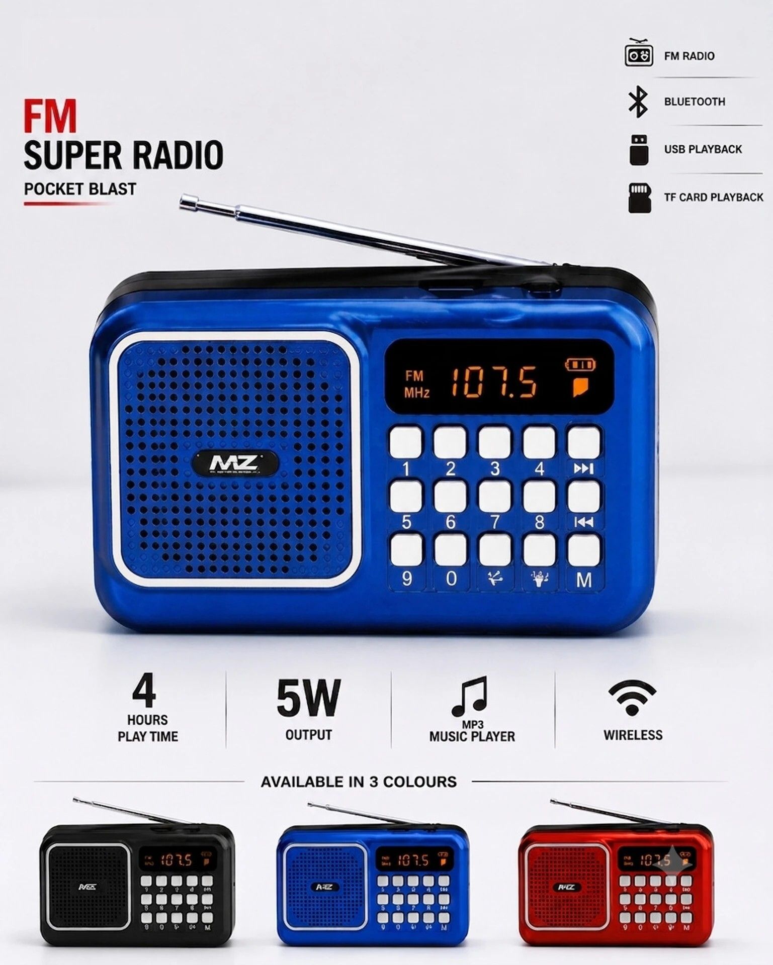 RUHIZEN Bluetooth/Recording//USB/Aux/TF Card 5W & 1200mAh FM Radio FM Radio-image-33