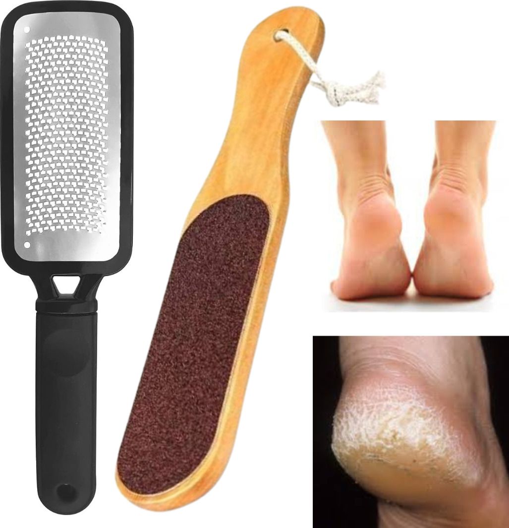 Pedicure Tools Foot Scrubber Combo For Dead Skin {1 Steel + 1 Dual Sided Wooden}