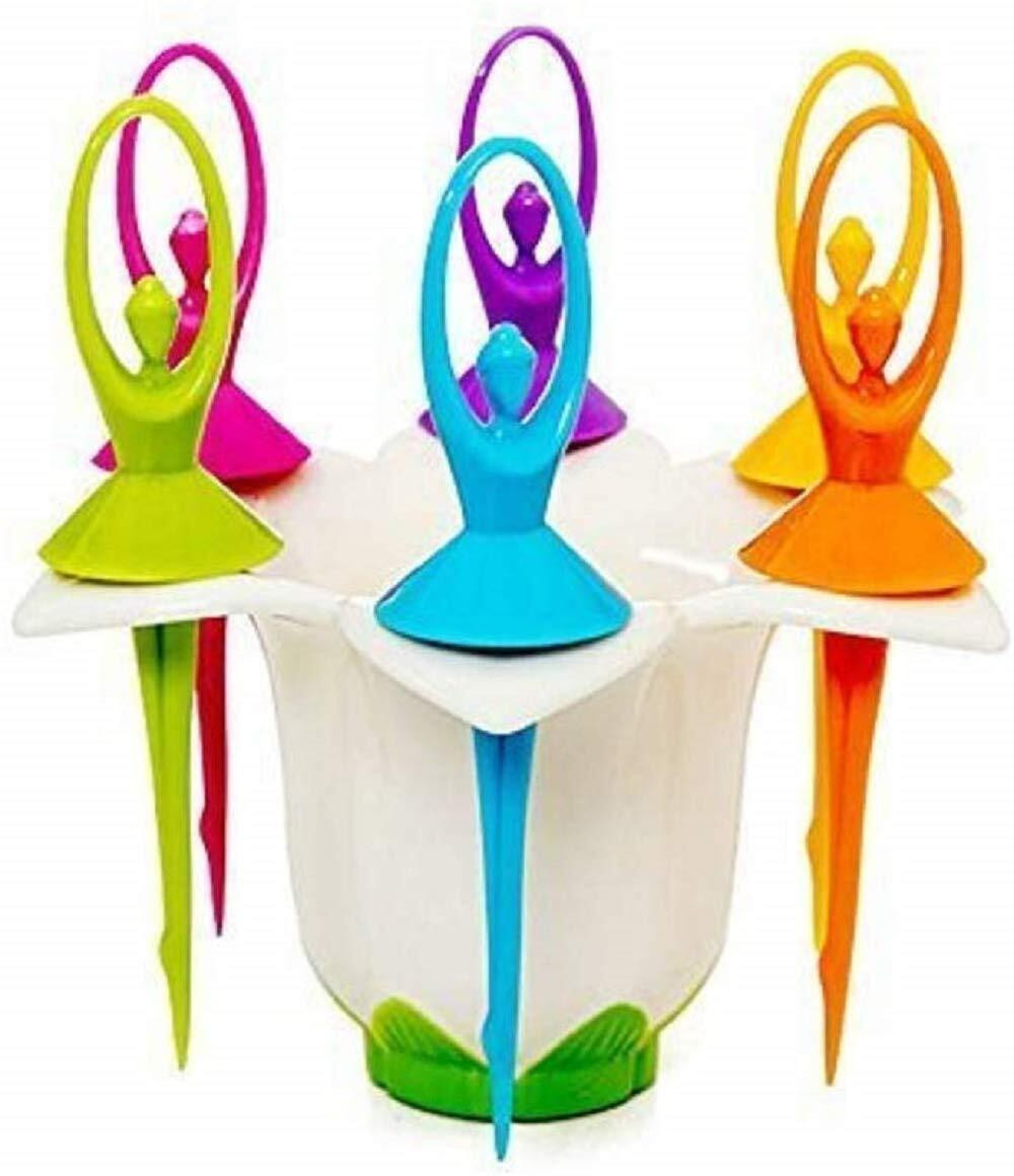flipkart smartbuy Plastic Dancing Doll Fruit Fork Set With Stand, 6 PCS Fork in Each Stand Disposable Plastic Fruit Fork image 1