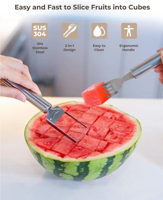 aditya 2 in 1 watermelon slicer Steel Salad Spoon (Pack of 1) Stainless Steel, Silver Fruit Fork Set-picture-2