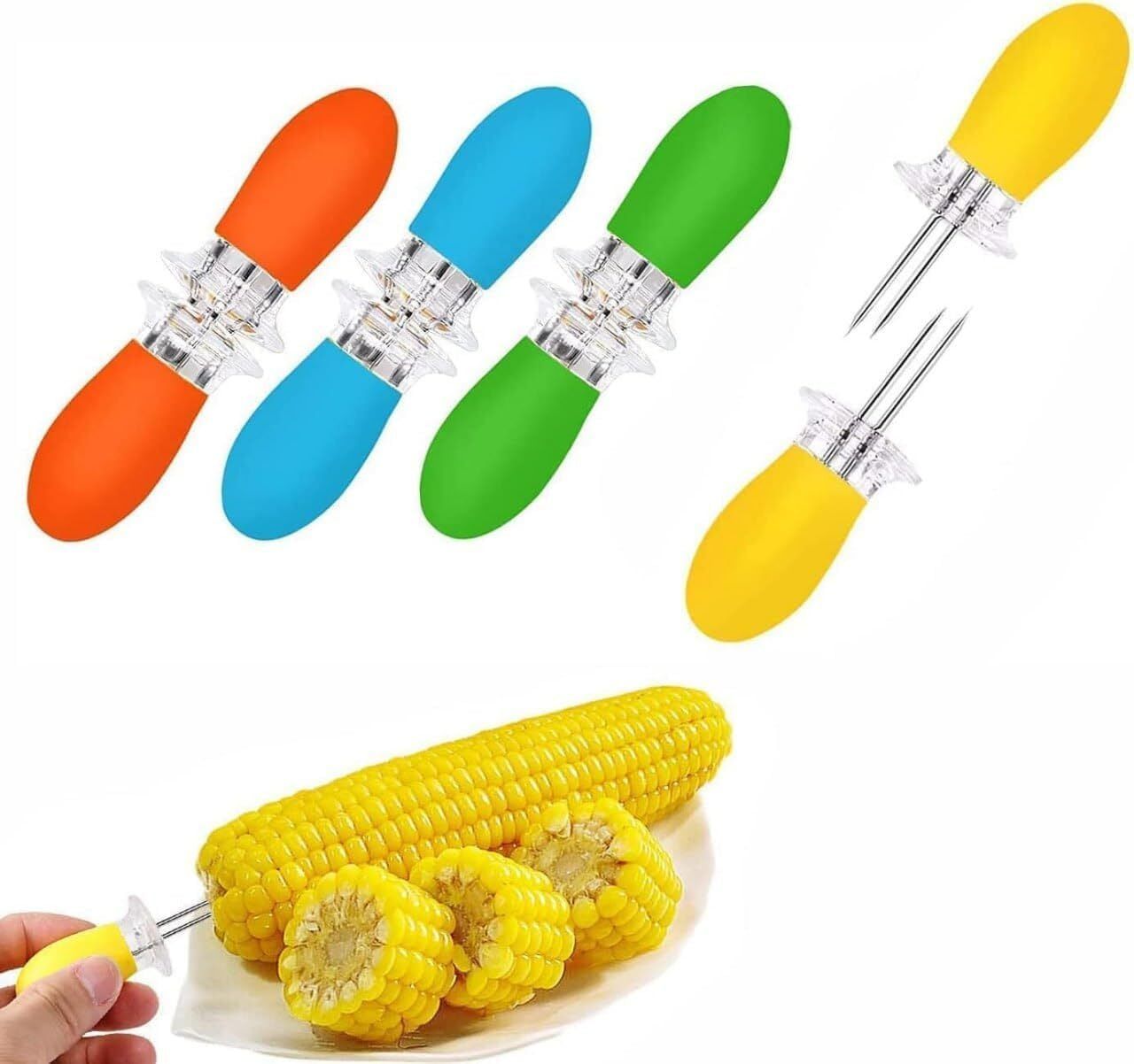 dreamenterprise 8 Pcs Stainless Steel Corn Holders with Yellow Handle for BBQ & Gril Stainless Steel Serving Fork Set-picture-1