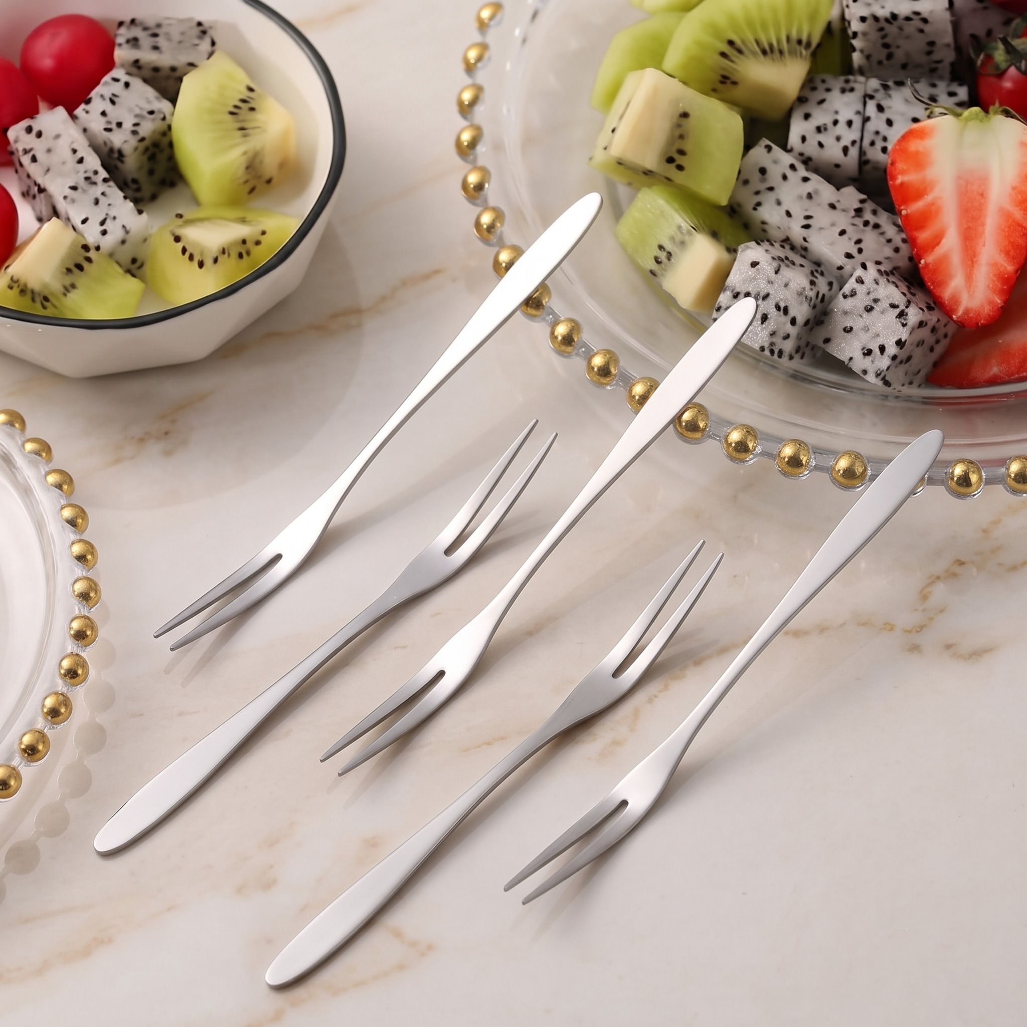 krinmay Compact Stainless Steel Fruit Fork Set For Cake Pastry Snack Party Pack Of 5 Steel Fruit Fork, Salad Fork, Dessert Fork Set-picture-43