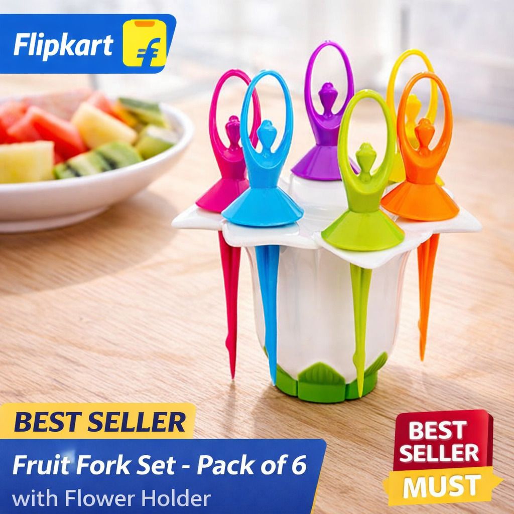 abc BloomServe Designer Fruit Fork Set with Holder – Pack of 6 Plastic Fruit Fork, Dessert Fork, Salad Fork Set-picture-4