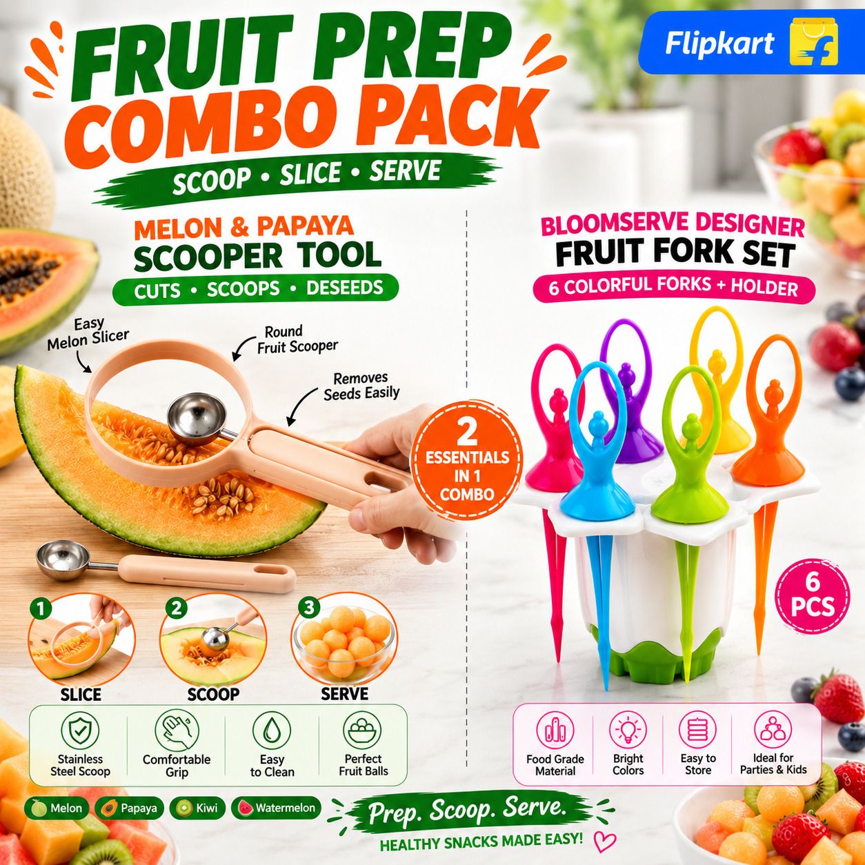 abc 7 Pcs Fruit Serving Combo | Fruit Fork Set with Melon Scooper Plastic, Stainless Steel, Steel Dessert Fork, Fruit Fork, Salad Fork Set-picture-2