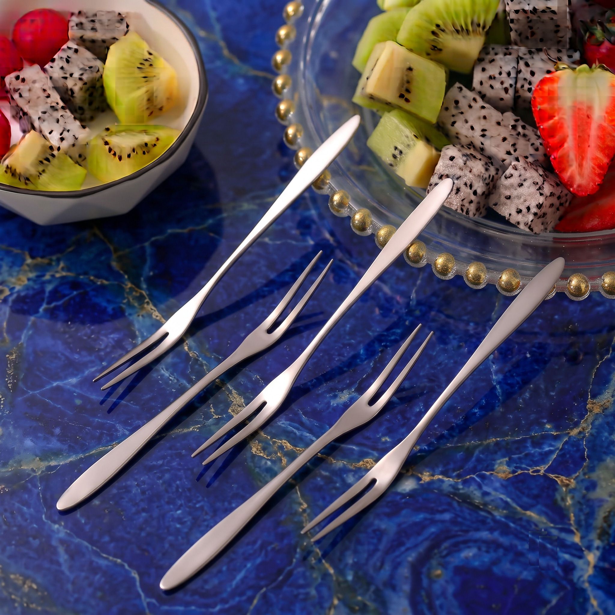 krinmay Classic Stainless Steel Fruit Pick Fork Set For Dining Party Kitchen Pack Of 5 Steel Fruit Fork, Salad Fork, Dessert Fork Set-picture-42