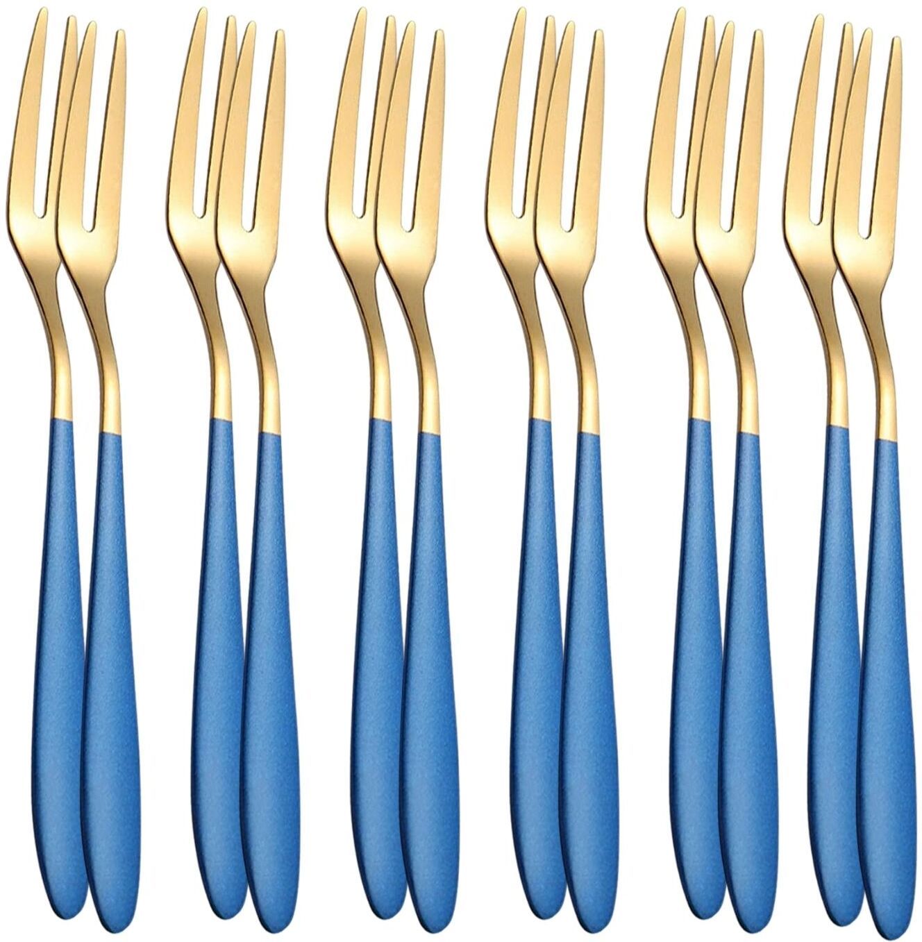 p-plus international Blue Gold Stainless Steel Cocktail Forks, Olive Fork with Long Handle Stainless Steel Dessert Fork Set-picture-8