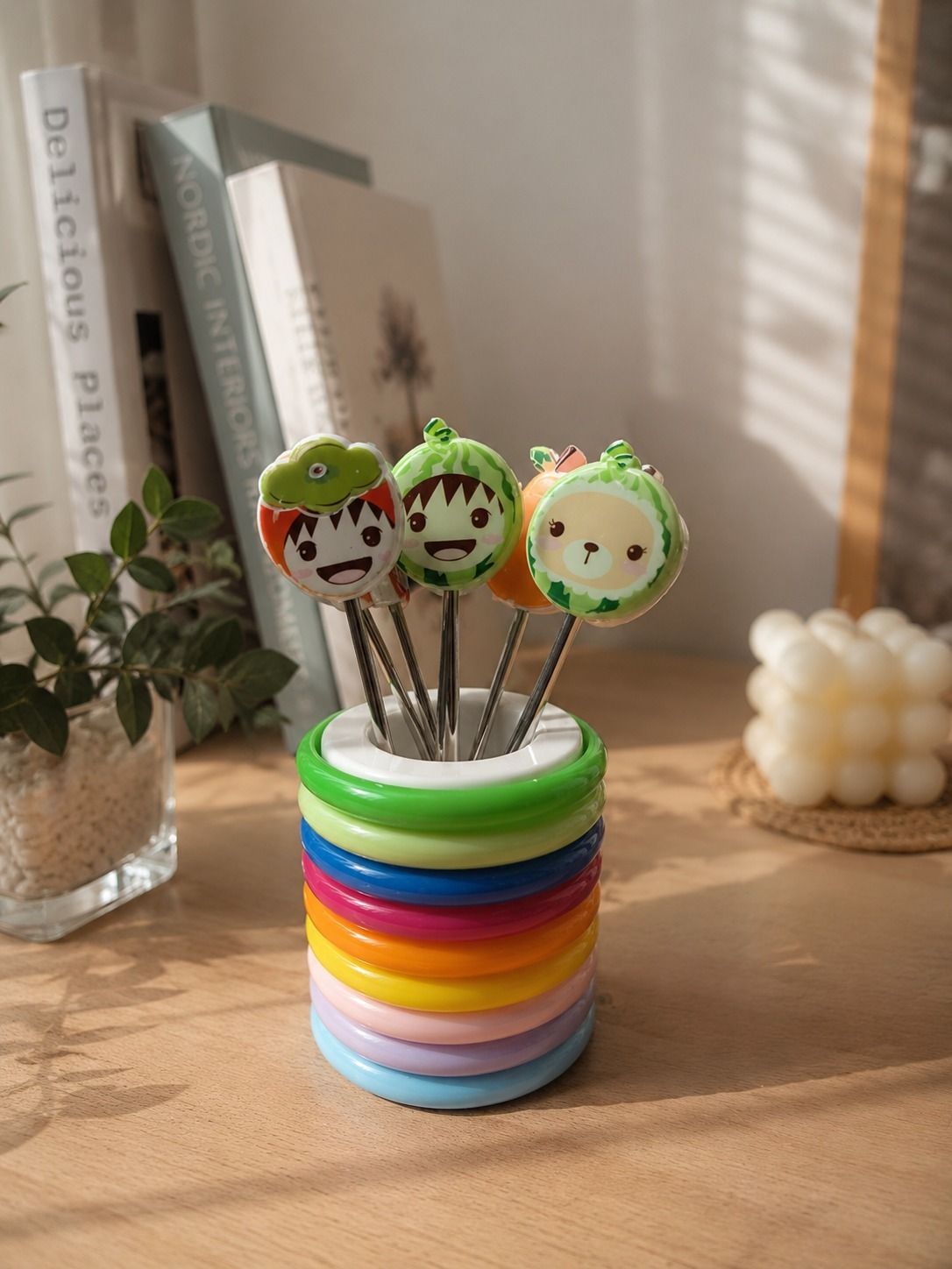 Cartoon Shape Rings Stand with 8 Cartoon Stainless Steel Fruit Fork Set Stainless Steel, Plastic Fruit Fork, Salad Fork Set-image-28