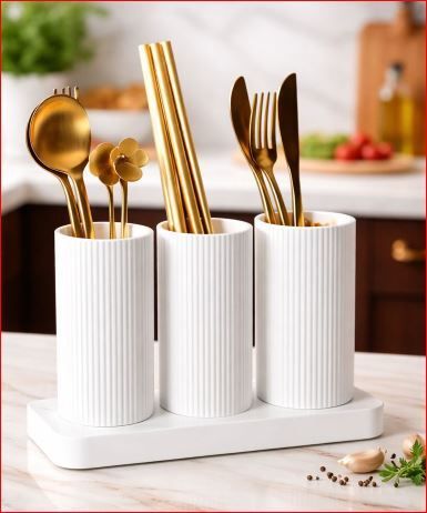 Modern 3-Section Cutlery Holder Set with Tray | Kitchen Utensil Organizer Plastic Roast Fork Set