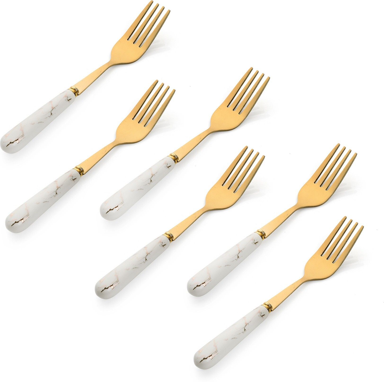 mgeezz Kitchen Golden Fork Spoons Set For Home & Restaurant Cutlery Dinner Table Bouillon Kata Chammach Spoon with Ceramic Handle Tableware Noodles Fork Stainless Steel Dinner Fork, Fruit Fork, Serving Fork Set-picture-36