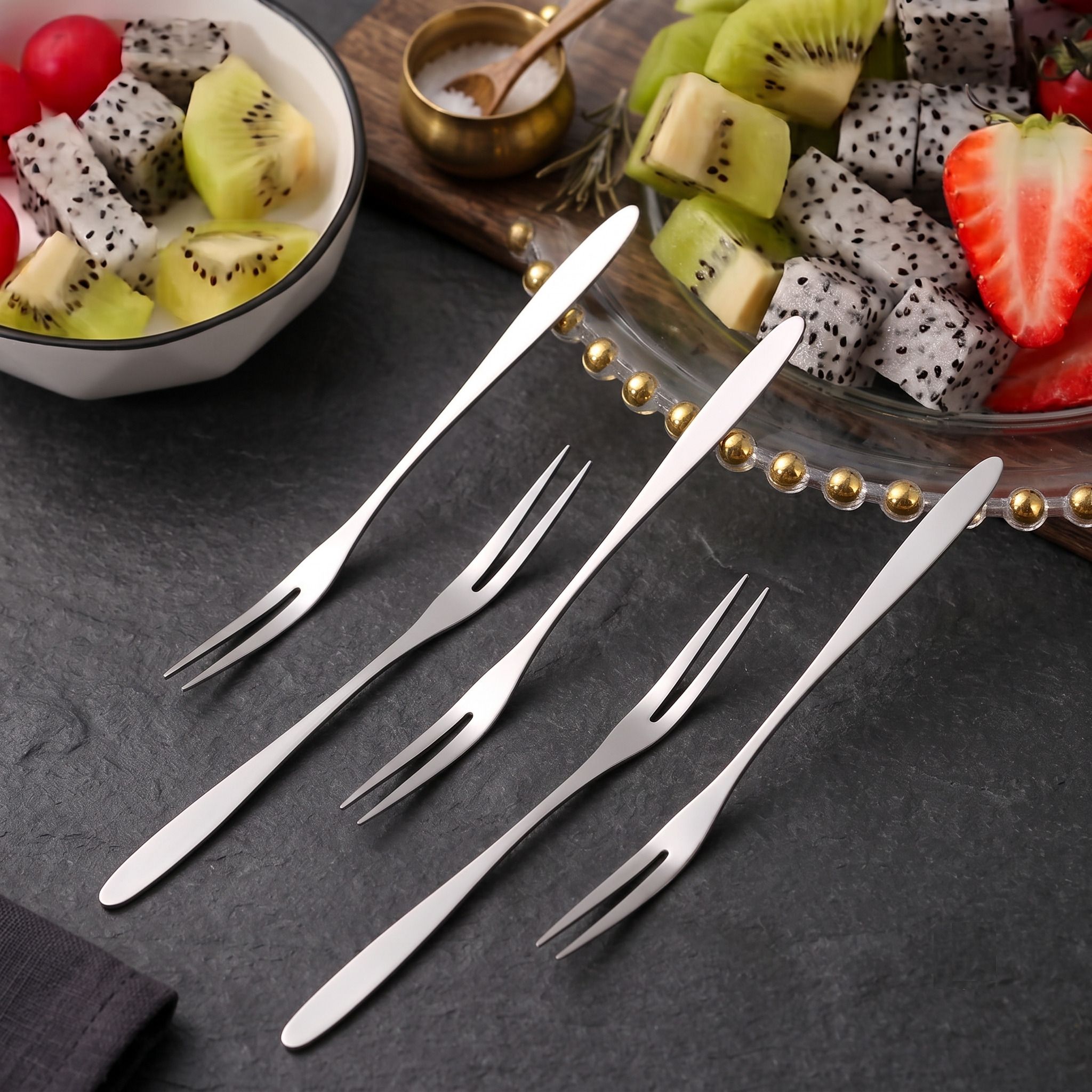 Luxury Stainless Steel Mini Fruit Fork Set For Cake Dessert Dining Pack Of 5 Steel Fruit Fork, Salad Fork, Dessert Fork Set-image-29