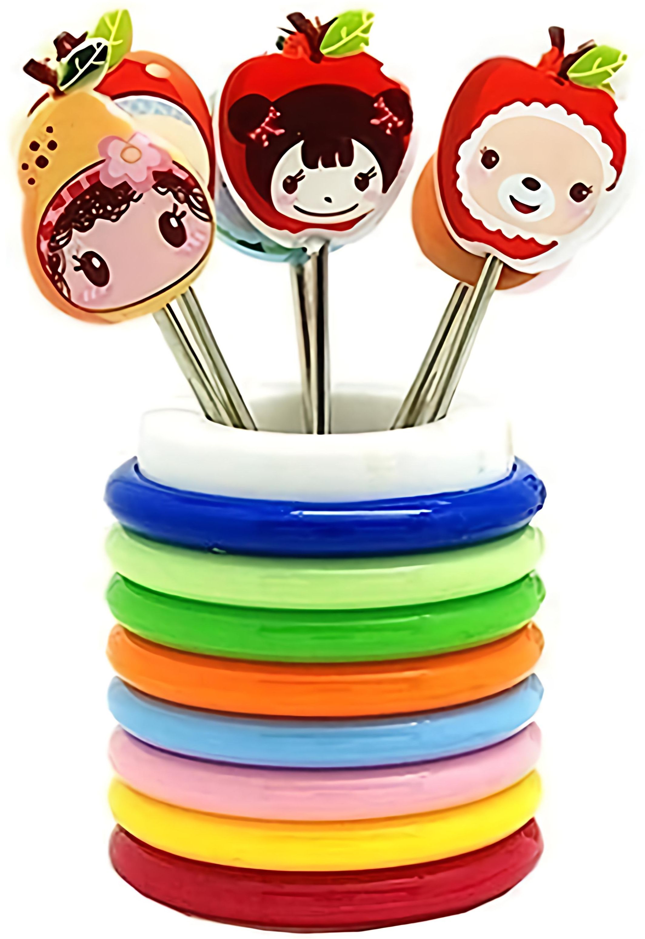 Fruit Fork Cartoon Shape Rings Stand with 8Cartoon StainlessSteel Fruit Fork Set Stainless Steel Fruit Fork Set