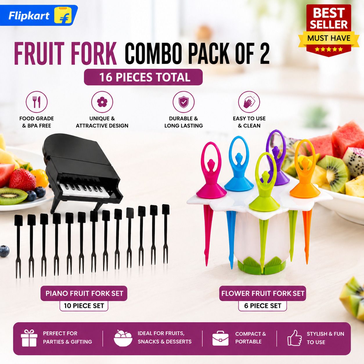 abc Piano Fork Set (10 pcs with piano holder) and Flower Fork Set (6 pcs with stand) Plastic Dessert Fork, Fruit Fork, Salad Fork, Baby Fork Set-picture-0