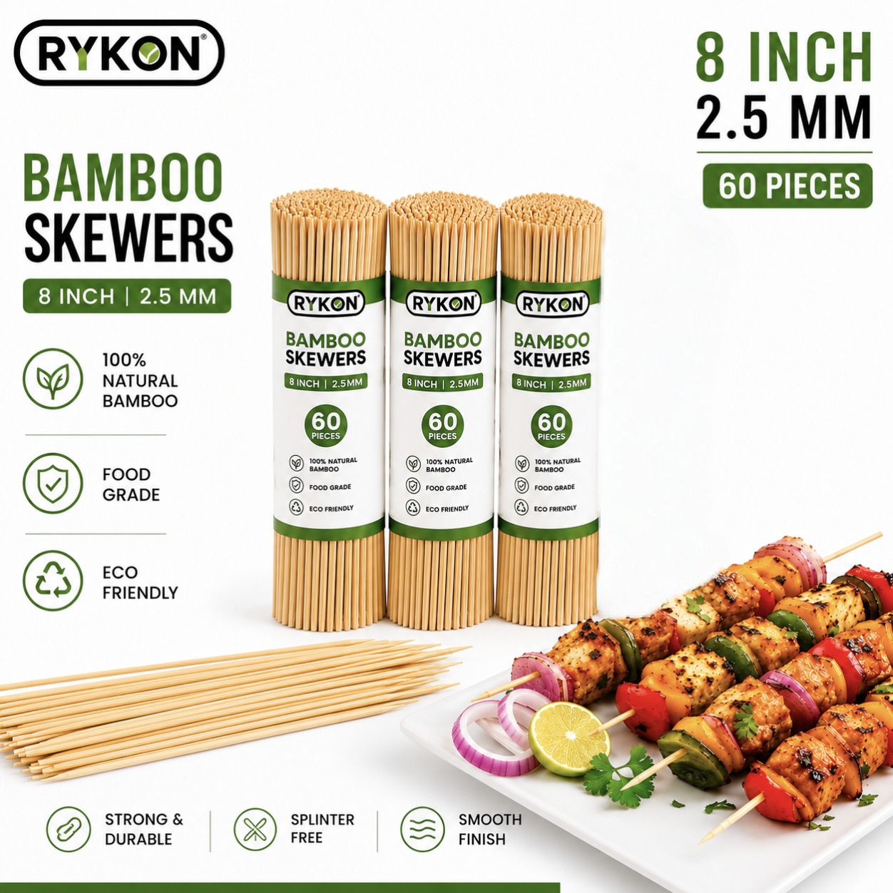 rykon Bamboo BBQ Sticks, 8 Inch Wooden Skewers, 2.5mm Thick, 60 Pcs Pack of 3 Disposable Bamboo Baby Fork, Dessert Fork, Dinner Fork, Fruit Fork, Roast Fork, Salad Fork, Serving Fork Set-picture-39