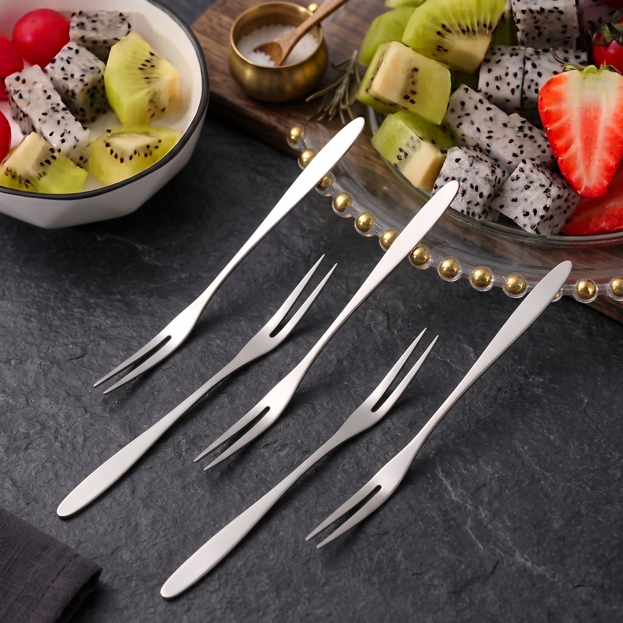 pramukh wholesaler Smooth Finish Stainless Steel Fruit Fork Set Mini Pick Cutlery Set Pack Of 5 Steel Fruit Fork, Salad Fork, Dessert Fork Set-picture-13