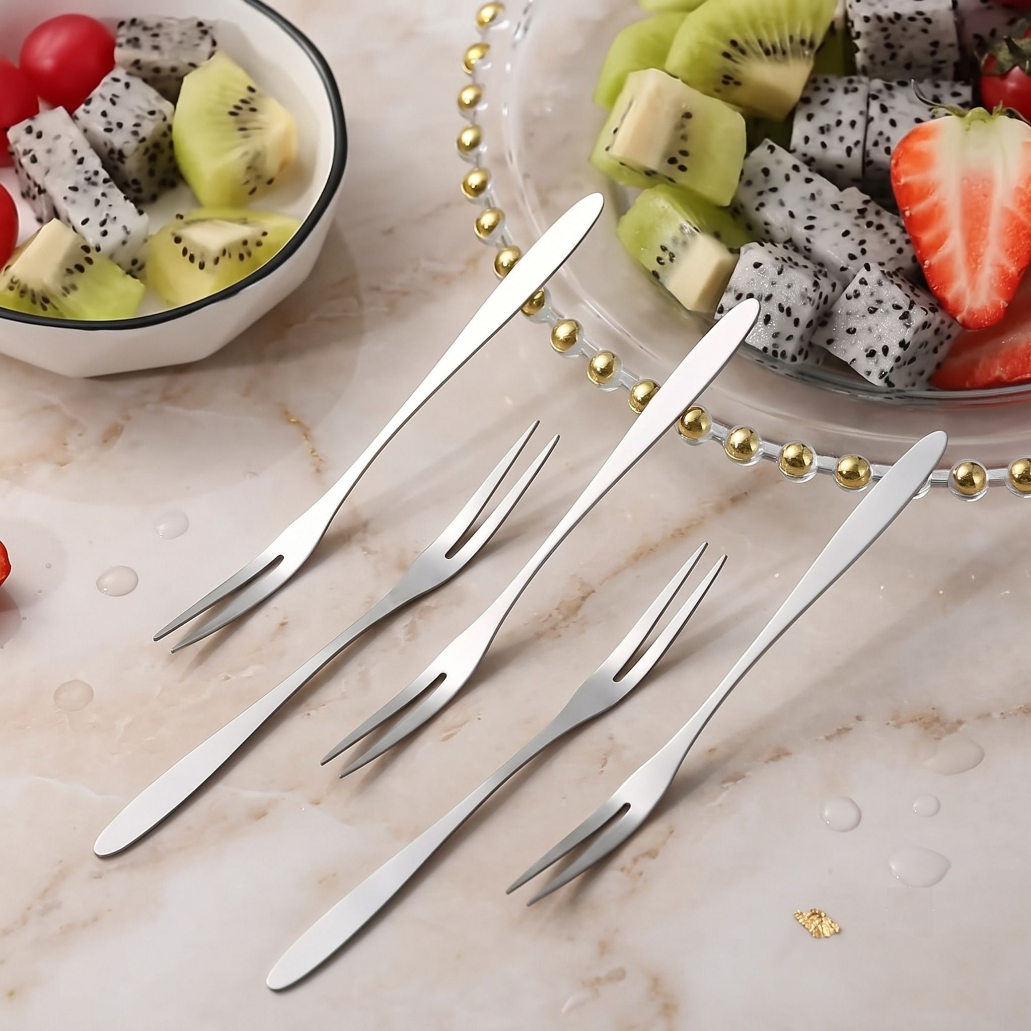 krinmay Deluxe Stainless Steel Fruit Pick Fork Set Premium Snack Cutlery Pack Of 5 Steel Fruit Fork, Salad Fork, Dessert Fork Set-picture-22