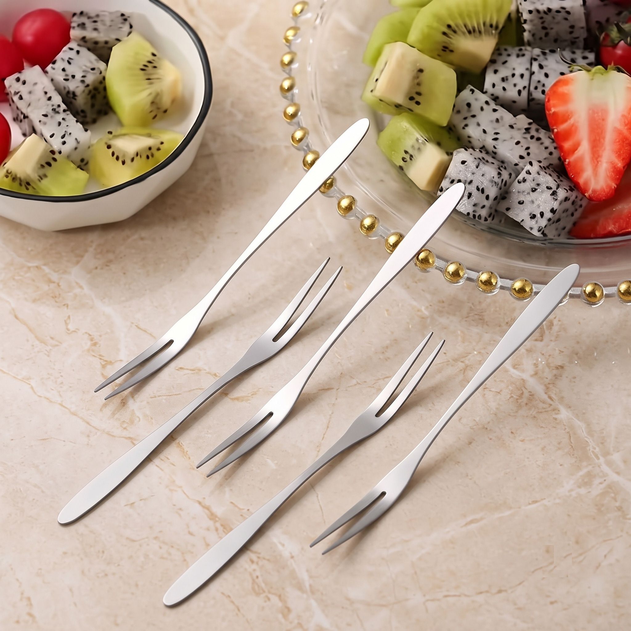 krinmay Stylish Stainless Steel Fruit Fork Set Small Cutlery Fruit Picks Pack Of 5 Steel Fruit Fork, Salad Fork, Dessert Fork Set-picture-33