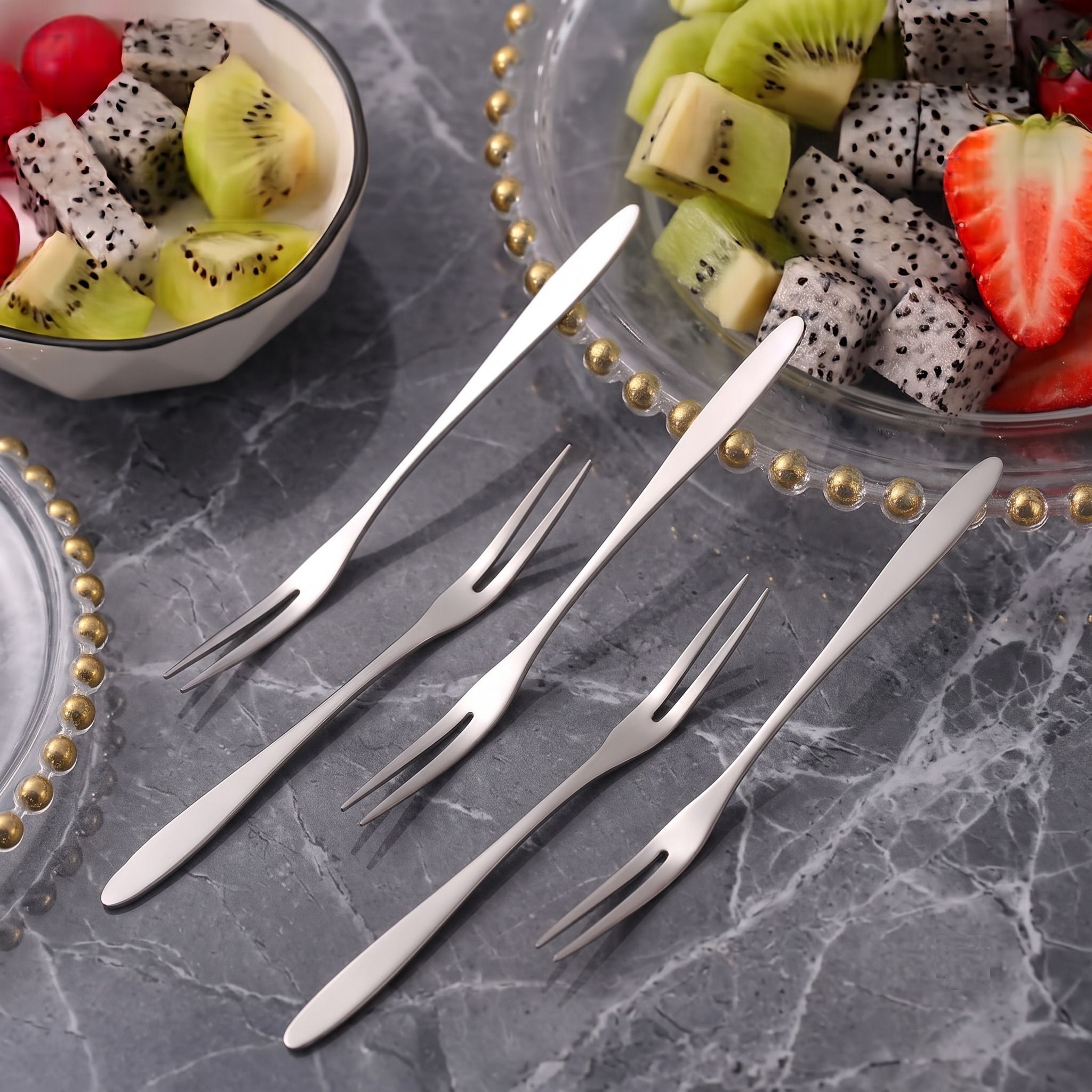 pramukh wholesaler High Quality Stainless Steel Fruit Fork Set Mini Snack Dessert Picks Pack Of 5 Steel Fruit Fork, Salad Fork, Dessert Fork Set-picture-17