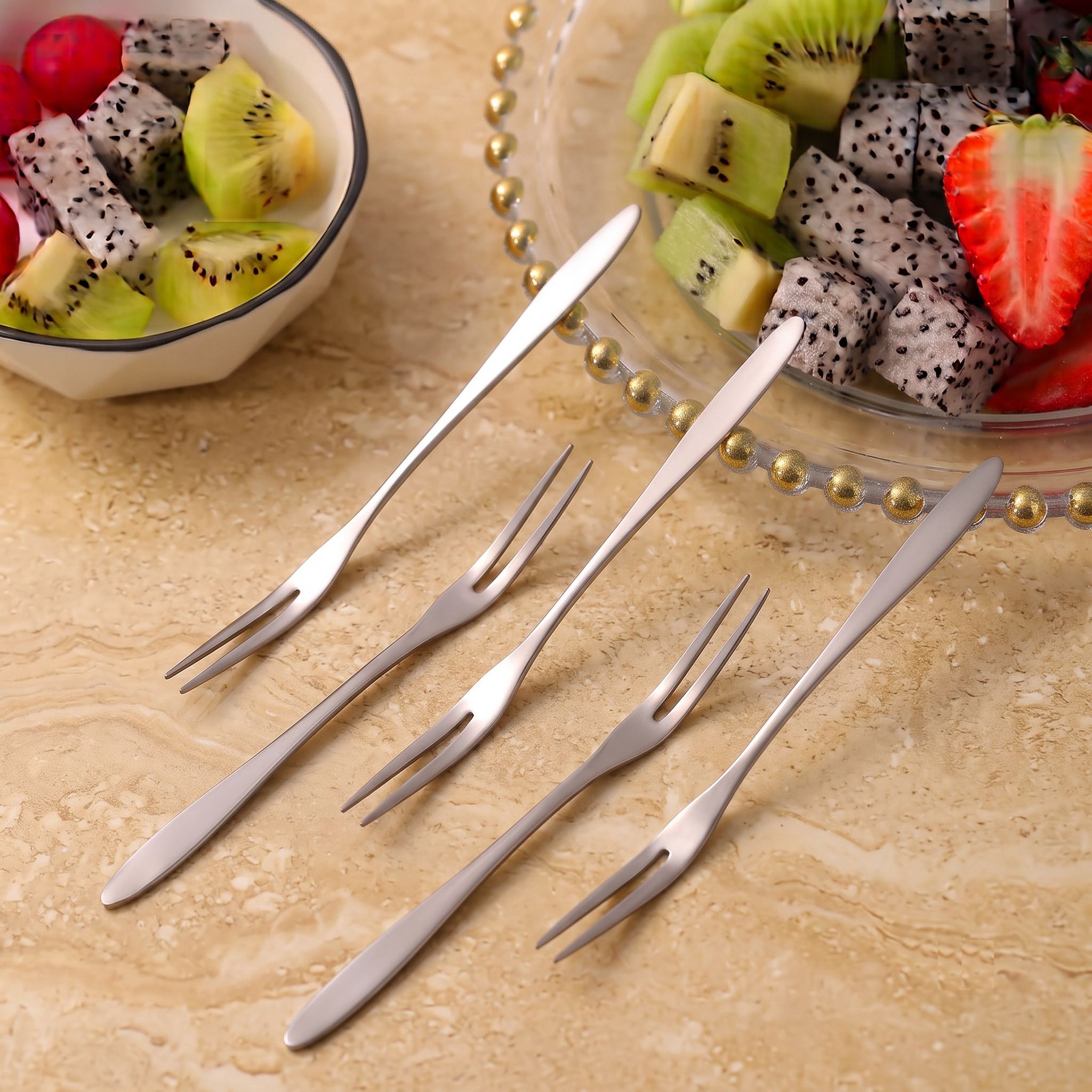 krinmay Ergonomic Stainless Steel Fruit Fork Set Kitchen Cutlery Tableware Pack Of 5 Steel Fruit Fork, Salad Fork, Dessert Fork Set-picture-28