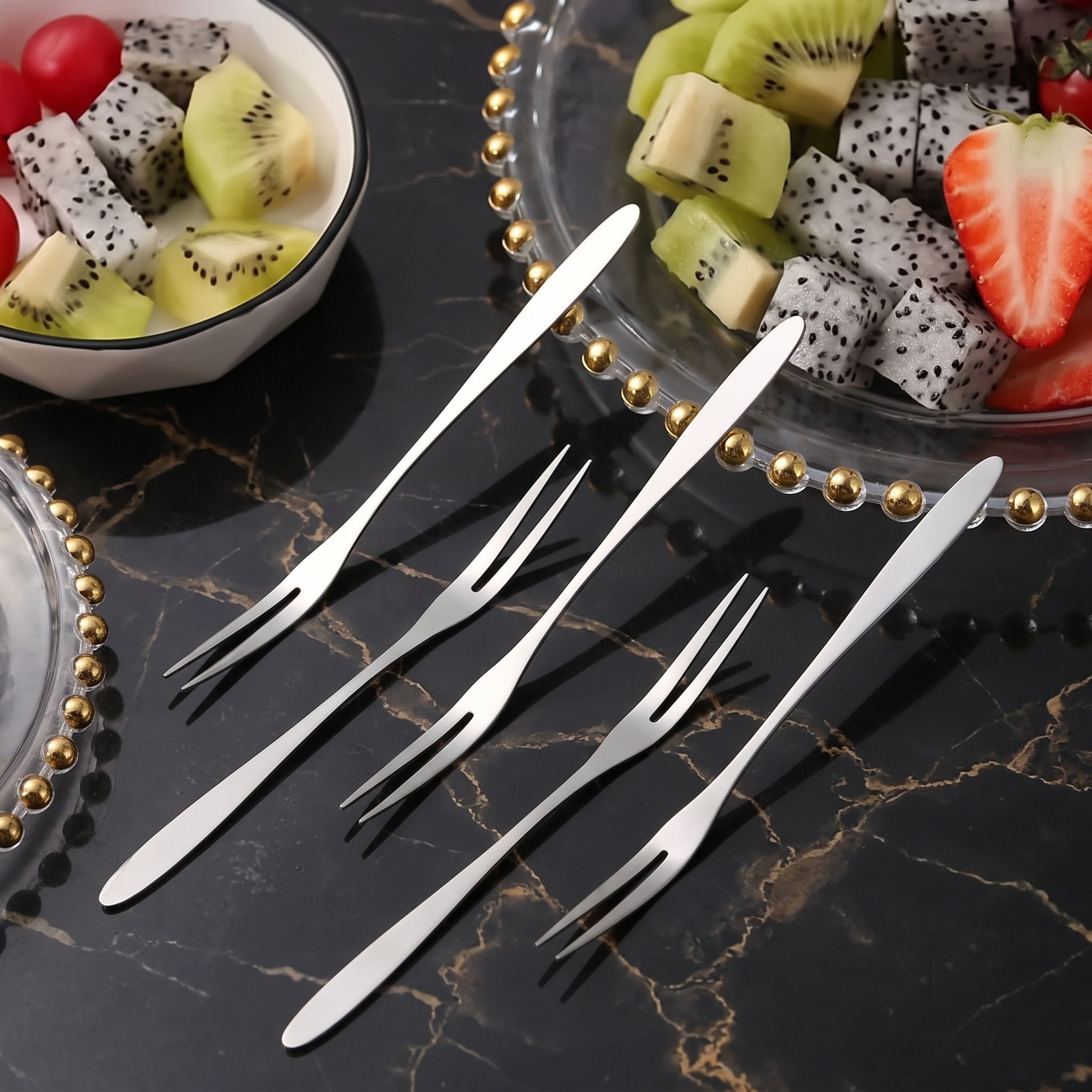 Crafted Stainless Steel Fruit Fork Set Tableware Cutlery Accessory Pack Of 5 Steel Fruit Fork, Salad Fork, Dessert Fork Set-image-44