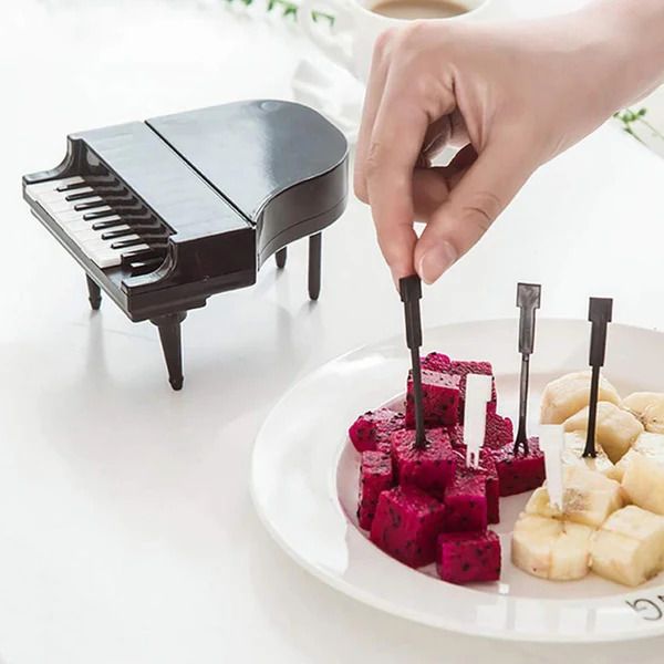 abc MelodyForks Piano Fruit Fork Set – 10 Snack Picks with Grand Piano Holder(Black) Plastic, Polyester, Brass, Iron Dessert Fork, Fruit Fork, Roast Fork, Salad Fork Set-picture-1