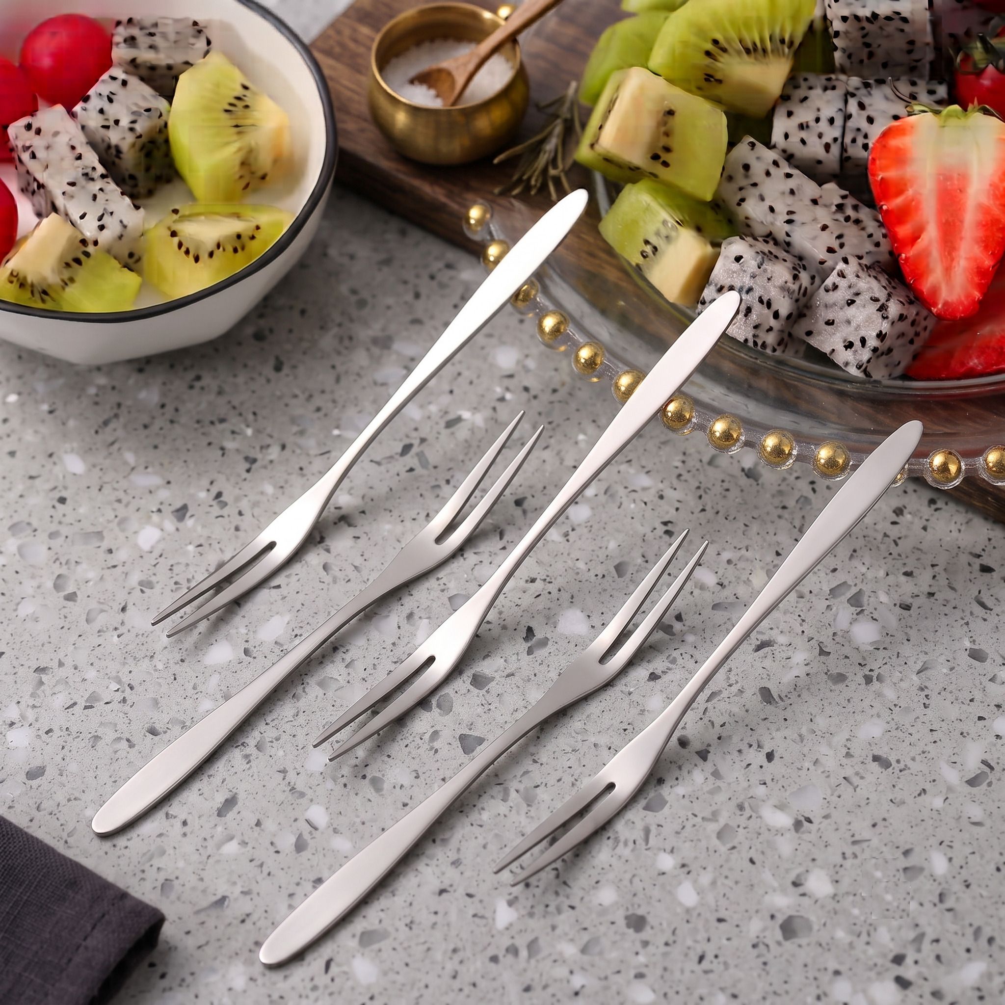 Modern Stainless Steel Two Prong Fruit Fork Set For Snacks Dessert Pack Of 5 Steel Fruit Fork, Salad Fork, Dessert Fork Set-image-47