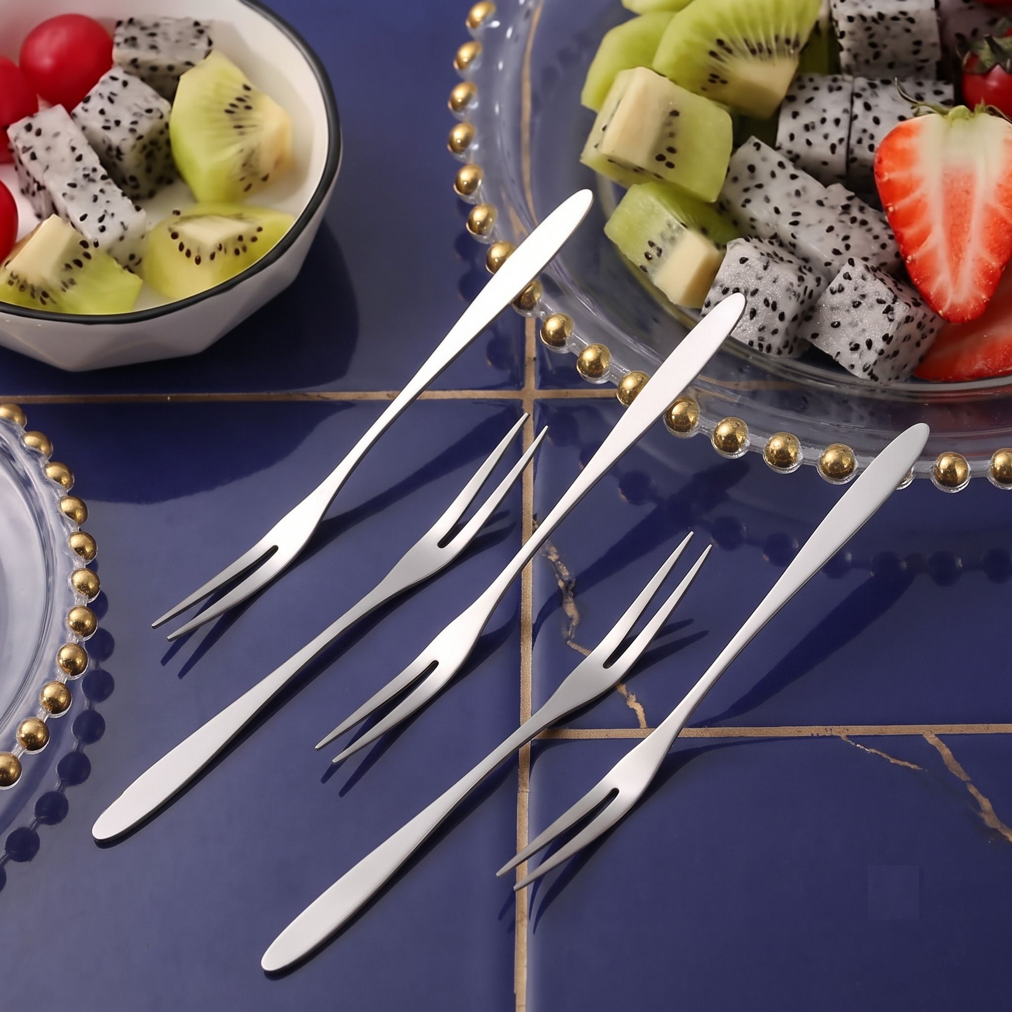 krinmay Food Grade Stainless Steel Fruit Fork Set For Cake Salad Cutlery Pack Of 5 Steel Fruit Fork, Salad Fork, Dessert Fork Set-picture-24