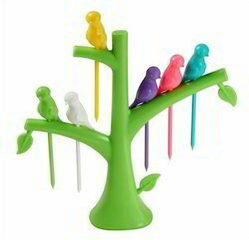 dilkideals Birds Fork Tree shape (6 Pieces Bird Fork With Tree) Disposable Plastic Baby Fork, Fruit Fork, Salad Fork image 1