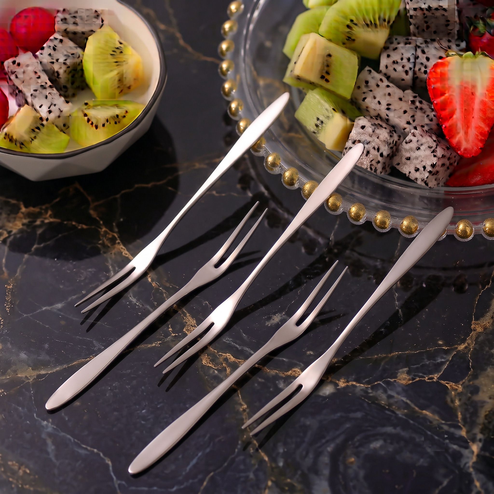 Multipurpose Stainless Steel Fruit Fork Set For Snacks Cake Dessert Pack Of 5 Steel Fruit Fork, Salad Fork, Dessert Fork Set-image-29