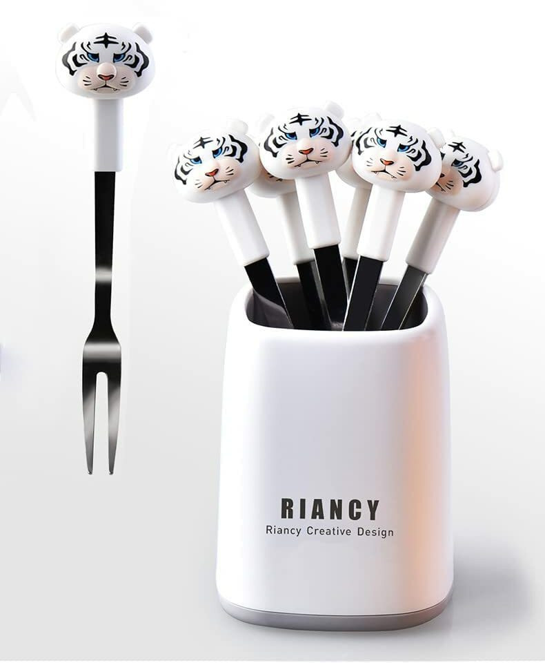 virza trade cartoon design fruit fork stand with 6 cartoon shapes fruit fork for party Stainless Steel, Plastic Fruit Fork, Dessert Fork, Roast Fork, Salad Fork, Serving Fork Set image 1
