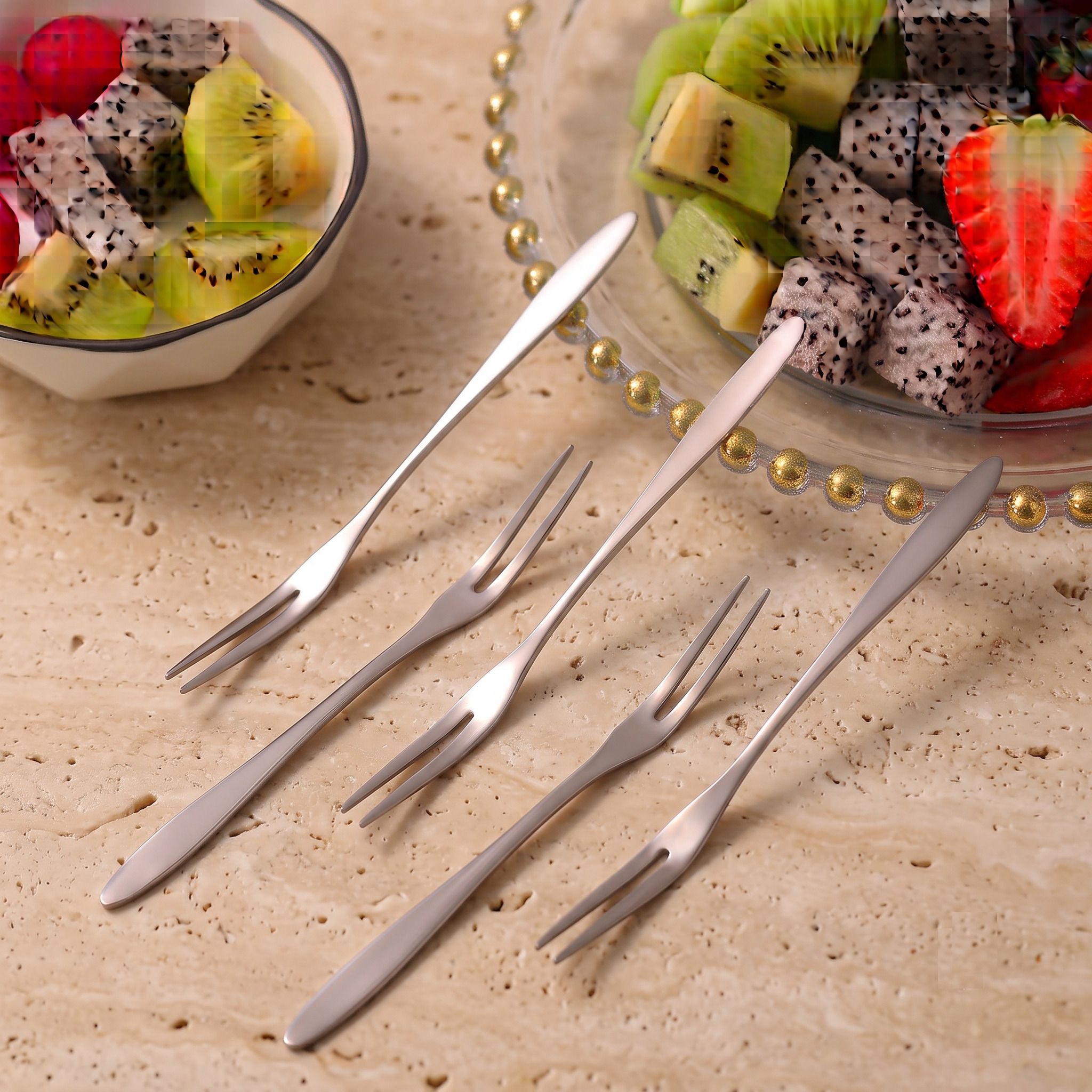 Elegant Design Stainless Steel Fruit Fork Set For Dining Table Party Pack Of 5 Steel Fruit Fork, Salad Fork, Dessert Fork Set-image-22