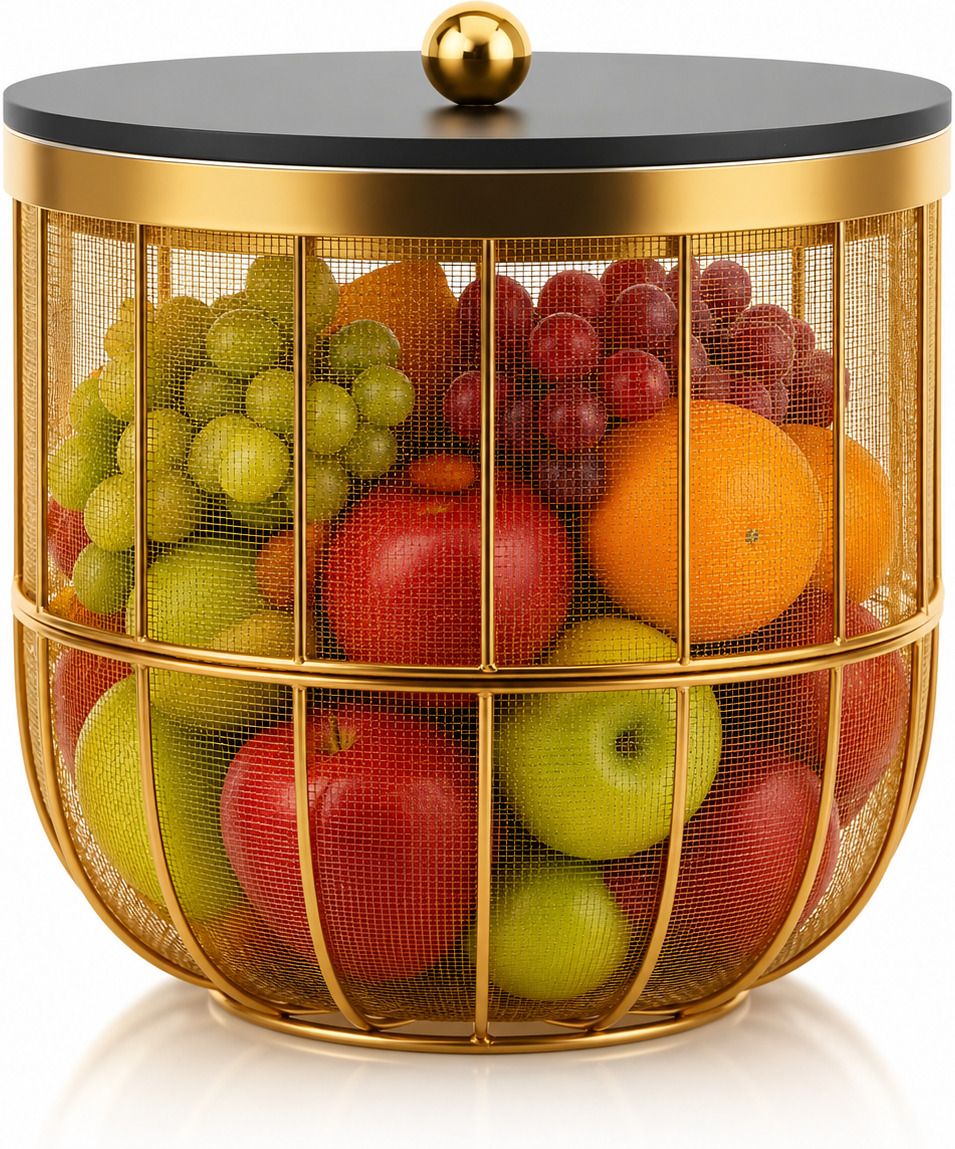 Luxury Gold Metal Fruit Basket with Lid | Modern Storage Organizer Bowl Iron Fruit & Vegetable Basket-image-0