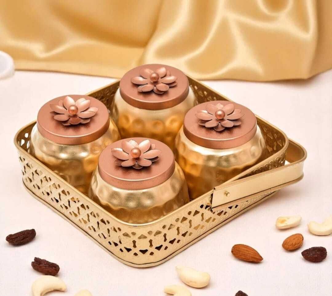 Kitchen Metal Gold Basket with 4 Jar for Dry Fruits, Candy Best Gift Hamper Container Serving Set-image-42