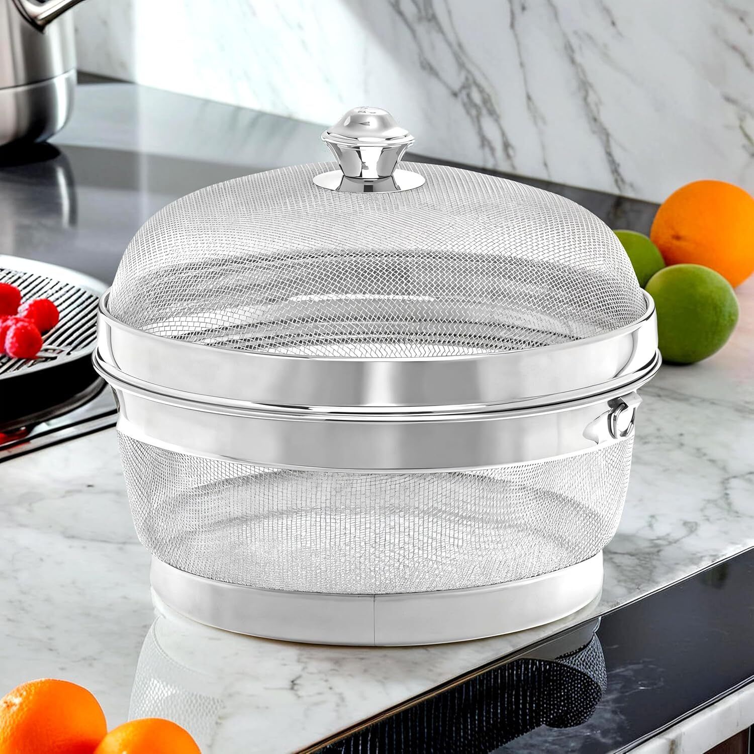 Stainless Steel Fruit Basket With Net Cover & Lid | Silver Stainless Steel Fruit & Vegetable Basket